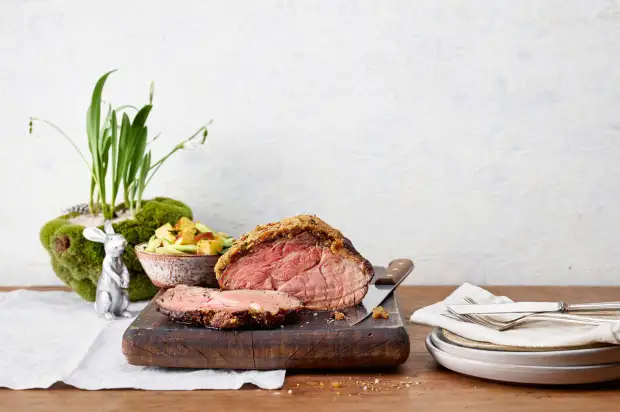 Slow-cooked loin of beef with spring onion potatoes